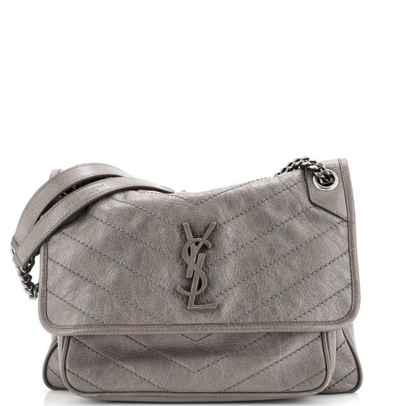 Saint Laurent Niki Chain Flap Bag Matelasse Chevron Leather Medium Gray - Picture 1 of 8